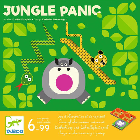 Gra Djeco Jungle Panic: taktyczna planszówka dla dzieci, 2-4 graczy, od 6 lat, tworzenie stref dla zwierząt w dżungli.