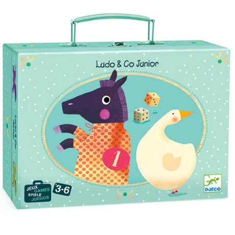Gry planszowe dla dzieci Djeco Ludo & Co Junior w poręcznej walizce, z dwustronną planszą, kolorowymi pionkami i kostką.
