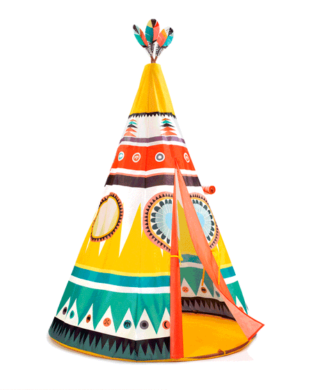 Kolorowy namiot tipi dla dzieci Djeco, inspirowany indianami i kowbojami, idealny do kreatywnej zabawy i relaksu.