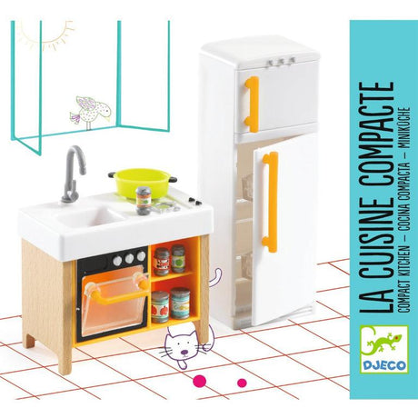 Drewniany domek dla lalek Djeco z kompaktową kuchnią, geometrycznymi kształtami i soczystymi kolorami dla małych miłośników designu.