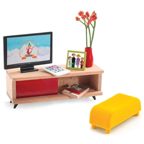 Drewniane mebelki do domku dla lalek Djeco, miniaturowy telewizor, kolorowe i designerskie, idealne do zabawy