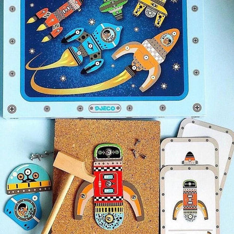 Przybijanka Djeco Space Tap Tap rakiety, kreatywna zabawka dla dzieci, rozwija wyobraźnię i zdolności manualne.