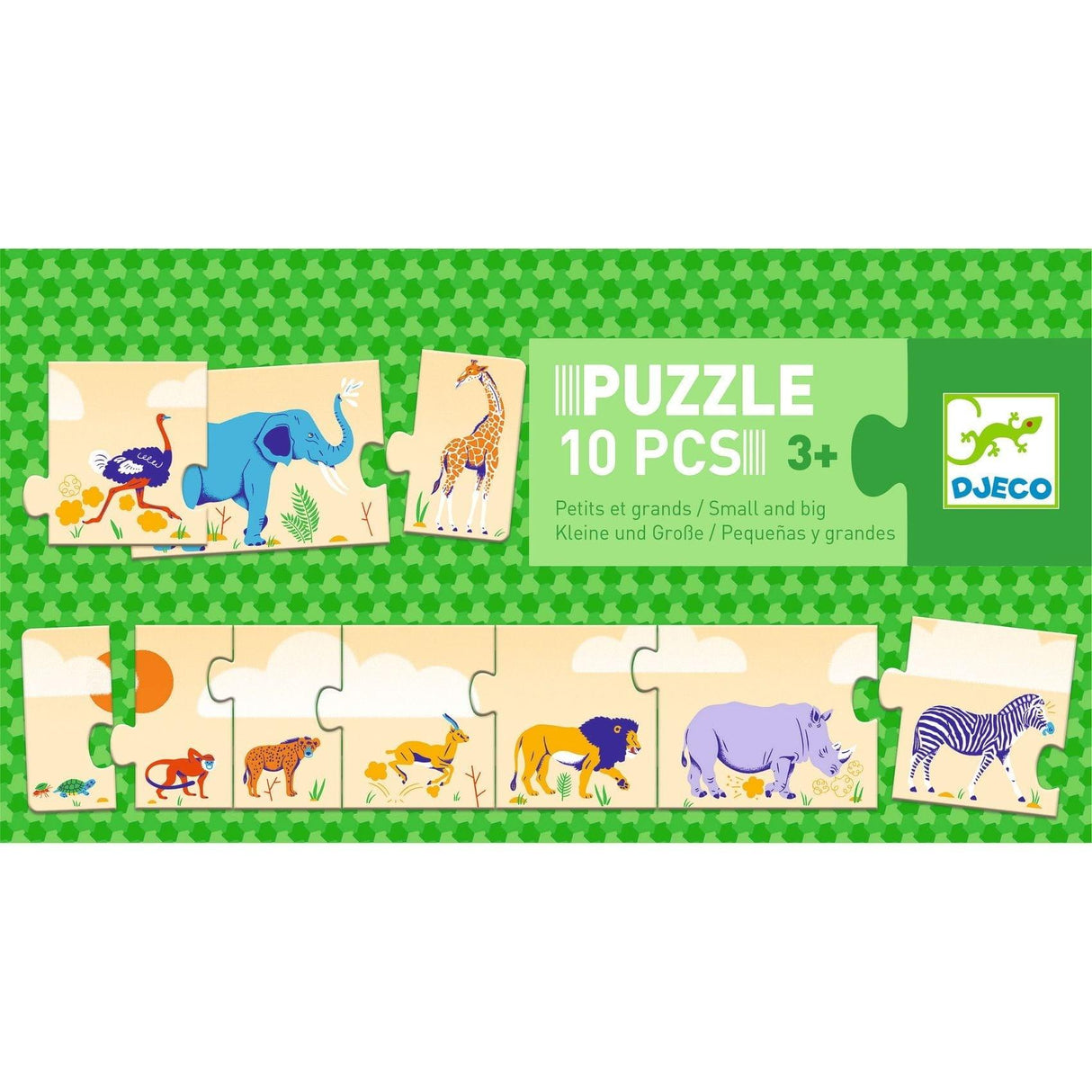 Kolorowe puzzle Djeco z ilustracjami dzikich zwierząt, idealne dla maluchów, wspierające rozwój manualny i logiczne myślenie.