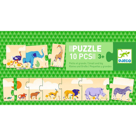 Kolorowe puzzle Djeco z ilustracjami dzikich zwierząt, idealne dla maluchów, wspierające rozwój manualny i logiczne myślenie.