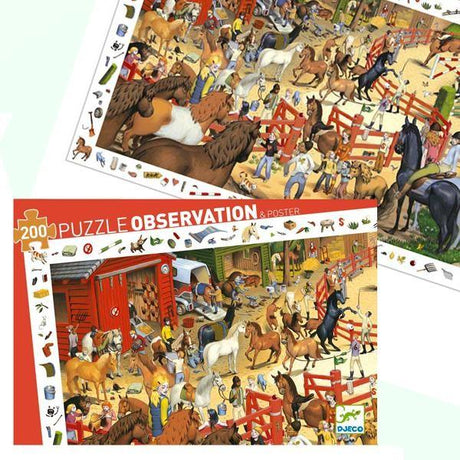 Puzzle 200 elementów z plakatem Djeco Jazda Konna. Kolorowe, szczegółowe ilustracje koni i stajni. Zabawa i nauka w jednym!