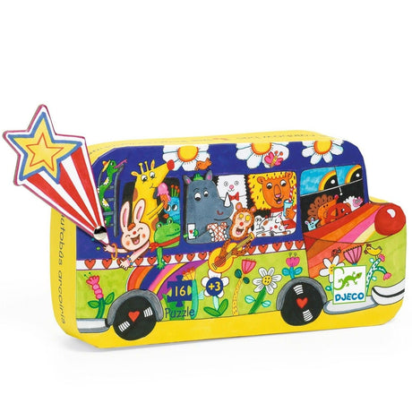 Puzzle Djeco Tęczowy Autobus 16 elementów dla dzieci, kolorowa ilustracja, oryginalne pudełko, rozwijanie wyobraźni i zabawa.