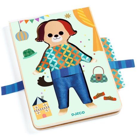 Kreatywna zabawka Djeco Zabimix: gry ubieranki dla dziewczyn, 15 tkanin, wstążki, karty z kreacjami dla pieska.