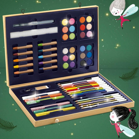 Zestaw kreatywny Djeco Sparkling Box: 59 przyborów plastycznych, w tym perłowe farby, kredki i brokatowe flamastry dla dzieci.