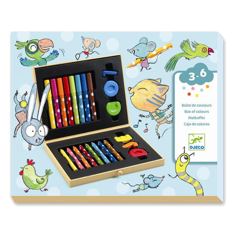 Kredki dla maluchów Djeco Box of Colours - zestaw plastyczny w drewnianym pudełku, idealny na Dzień Kredki.