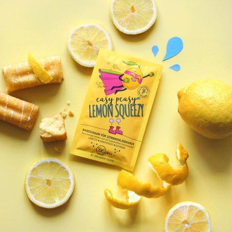 Piana do kąpieli Dresdner Essenz Easy Peasy Lemon Squeezy 60 g z cytrynowym zapachem; naturalna, pieniąca sól dla dzieci.