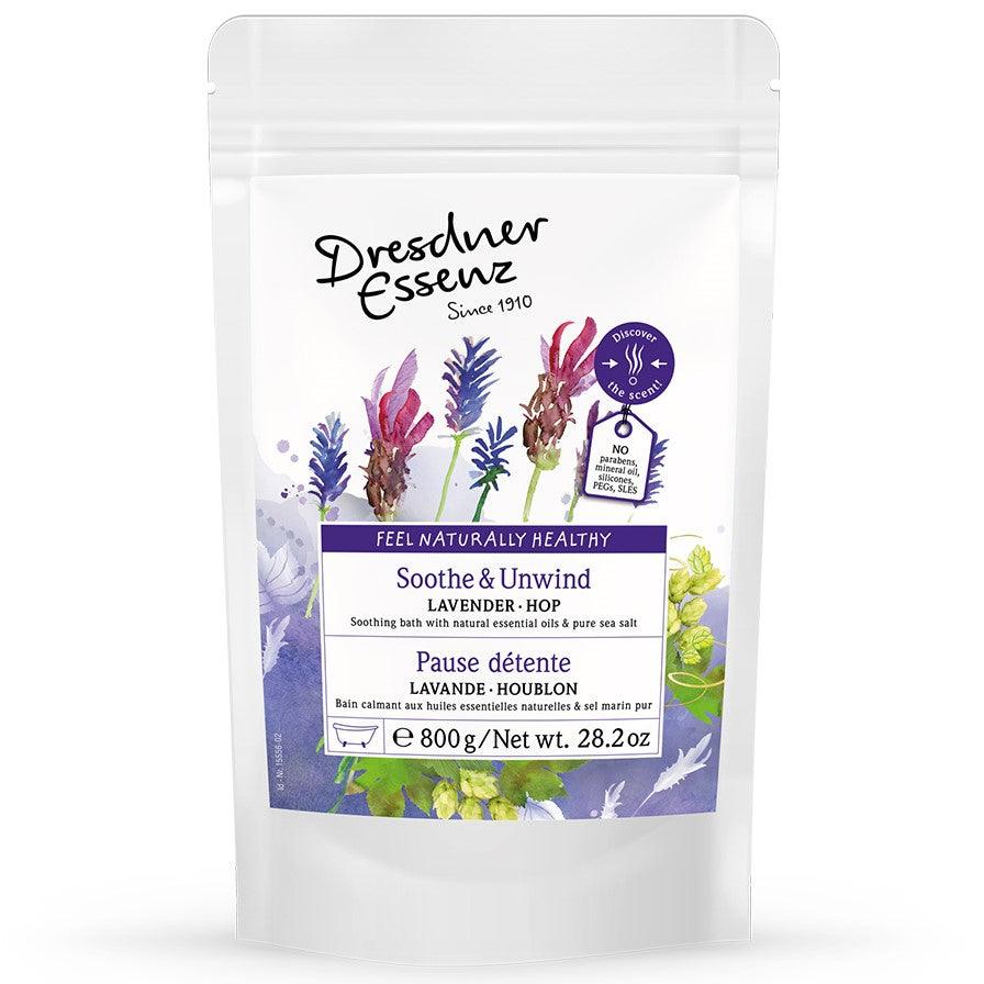 Sól do kąpieli Dresdner Essenz Soothe Unwind 800 g z lawendą, walerianą i chmielem dla wyciszenia po stresującym dniu.