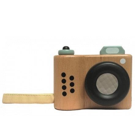 Zabawka drewniany aparat Egmont Camera z kalejdoskopowym obiektywem, idealny do kreatywnej zabawy dzieci.