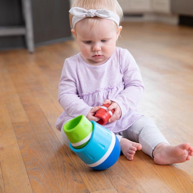 Kolorowe zabawki sensoryczne Fat Brain Toys TumbleRoos - zestaw 3 gryzaków dla niemowląt, które stymulują rozwój dziecka.