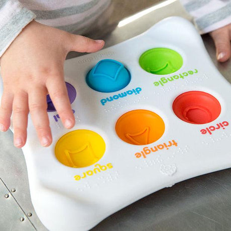 Kolorowa, drewniana zabawka sensoryczna Fat Brain Toys Dimpl Duo z silikonowymi bąbelkami dla rozwoju zmysłów i edukacji.