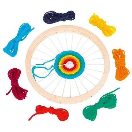 Krosno Tkackie Goki Koło - ręczny warsztat tkacki dla dzieci, idealny do tworzenia unikalnych, kolorowych tkanin.