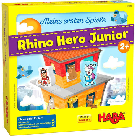 Efektowna gra 3D Haba Rhino Hero Junior dla dzieci, rozwijająca motorykę i koncentrację. Idealny prezent na drugie urodziny.