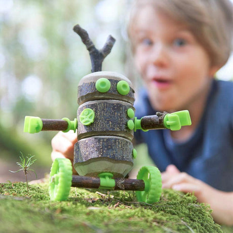 Kreatywne klocki konstrukcyjne Haba Terra Kids do budowy pojazdów i robotów, rozwijają wyobraźnię i zdolności manualne dzieci.