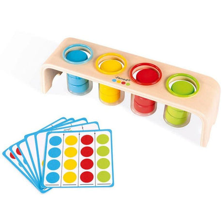Puzzle drewniane Janod Sortowanie Essentiel - układanka edukacyjna Montessori, ucząca kolorów, liczenia i porównywania dla dwulatka.