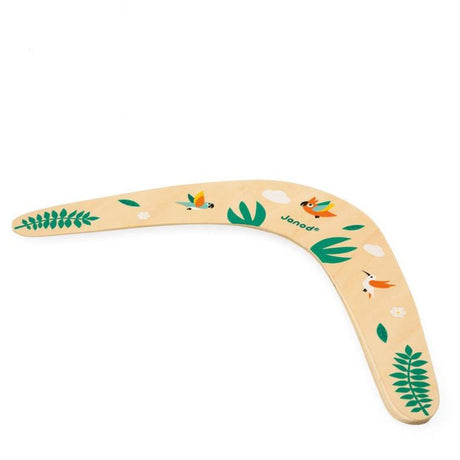Drewniany bumerang Janod z tropikalnymi motywami, idealny do gry na świeżym powietrzu dla dzieci od 5 lat.