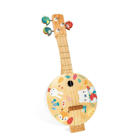 Banjo Janod Pure - drewniany instrument muzyczny dla dzieci, z pastelowymi kolorami i uroczymi ptaszkami, rozwija muzyczne zdolności.