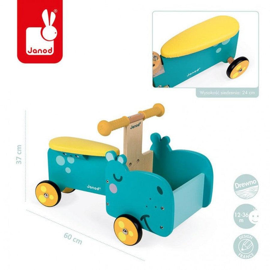 Janod: drewniany jeździk ze skrzynią hipopotam Hippo Ride-On - Noski Noski