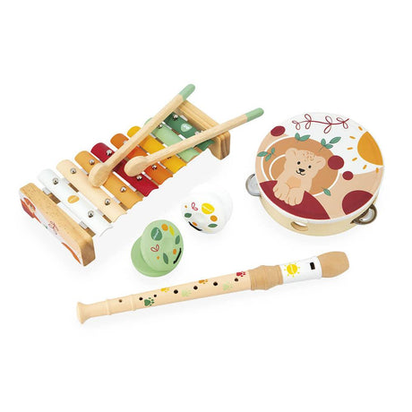 Drewniane instrumenty muzyczne Janod Sunshine z flet i ksylofonem, doskonałe dla dzieci do rozwijania słuchu i rytmu.