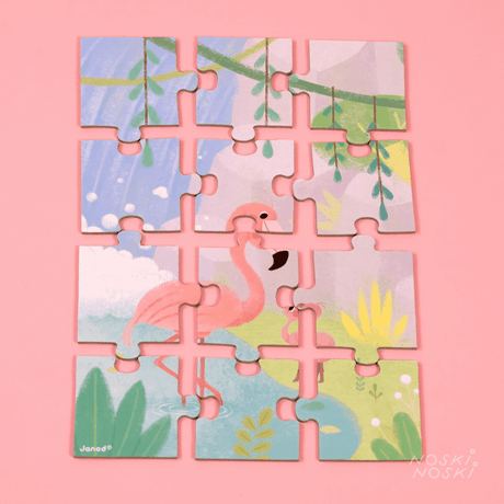 Puzzle Janod Mini Zwierzątka 12 elementów, drewniane puzzle dla dzieci, kreatywna rozrywka w podróży, urocze zwierzątka.