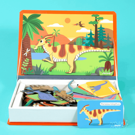 Puzzle magnetyczne Janod Magnetibook Dinozaury, 40 magnesów i 10 kart, edukacyjna układanka prehistoryczna dla dzieci.