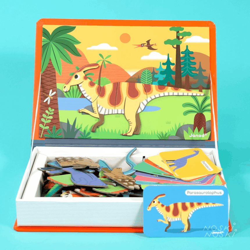 Puzzle magnetyczne Janod Magnetibook Dinozaury, 40 magnesów i 10 kart, edukacyjna układanka prehistoryczna dla dzieci.