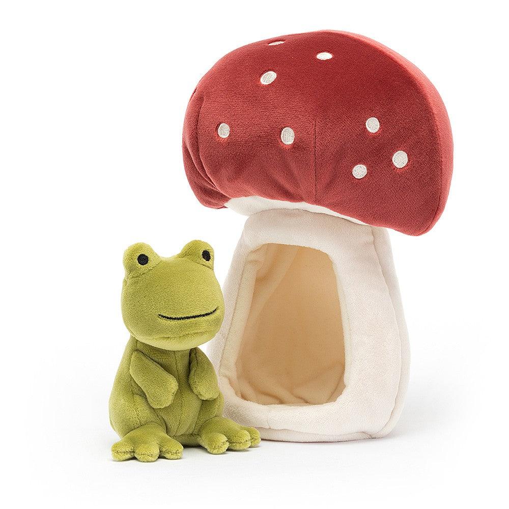 Mała zielona żabka Jellycat Forest Fauna Frog w muchomorku, miła i przytulna maskotka żaba dla dzieci.