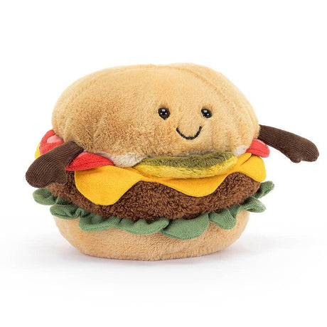Pluszowy hamburger Jellycat Amuseable 11 cm z uśmiechem, idealny do przytulania i kreatywnej zabawy dla maluchów.