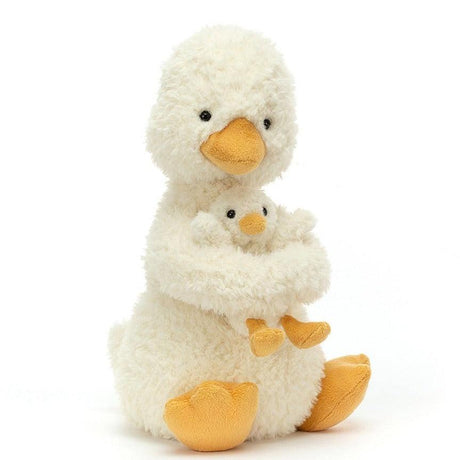 Kaczka pluszak Jellycat 24 cm z dzieckiem, pluszowa mama kaczka z małym kaczątkiem, miękka i przytulna maskotka.