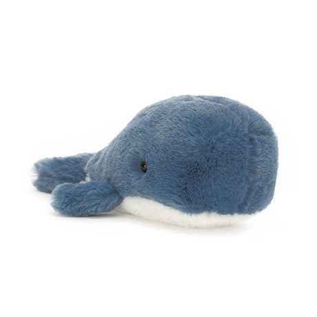 Uroczy niebieski pluszowy wieloryb Jellycat Wavelly 15 cm, miękka i bezpieczna maskotka dla dzieci.