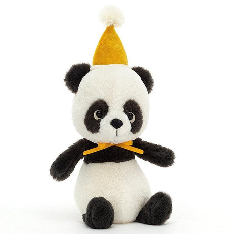 Urocza 20 cm panda Jellycat Jollipop w urodzinowej czapeczce, mięciutka i idealna do przytulania dla dzieci.