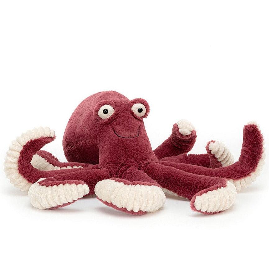 Ośmiornica pluszak Jellycat Obbie Octopus, bordowa maskotka ośmiornica z miękkimi, długimi mackami dla dzieci od pierwszych dni.