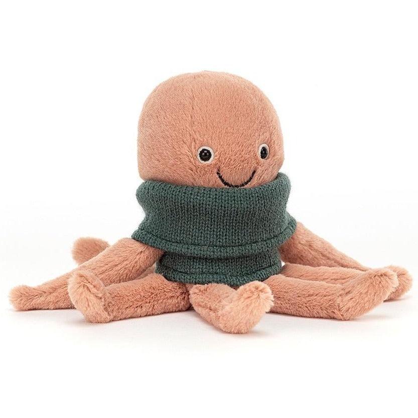 Ośmiornica pluszak Jellycat 20 cm w sweterku, miękka maskotka o różnych fakturach dla dzieci.