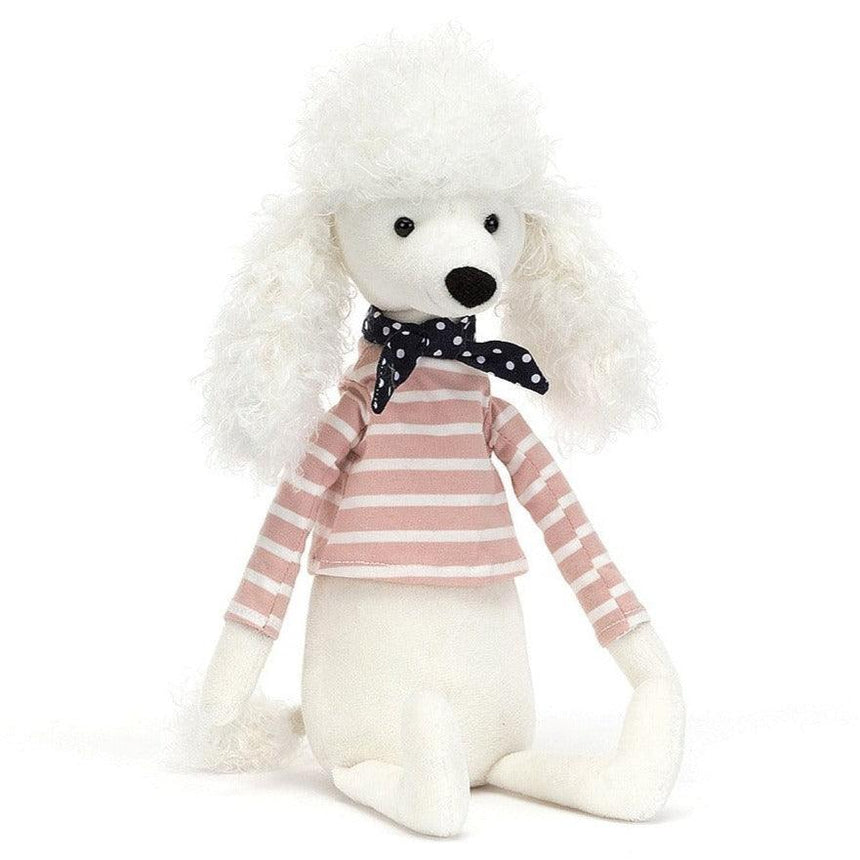 Maskotka Piesek Jellycat Beatnik Buddy Poodle w pasiastym sweterku z apaszką, przytulny pluszak dla dzieci.