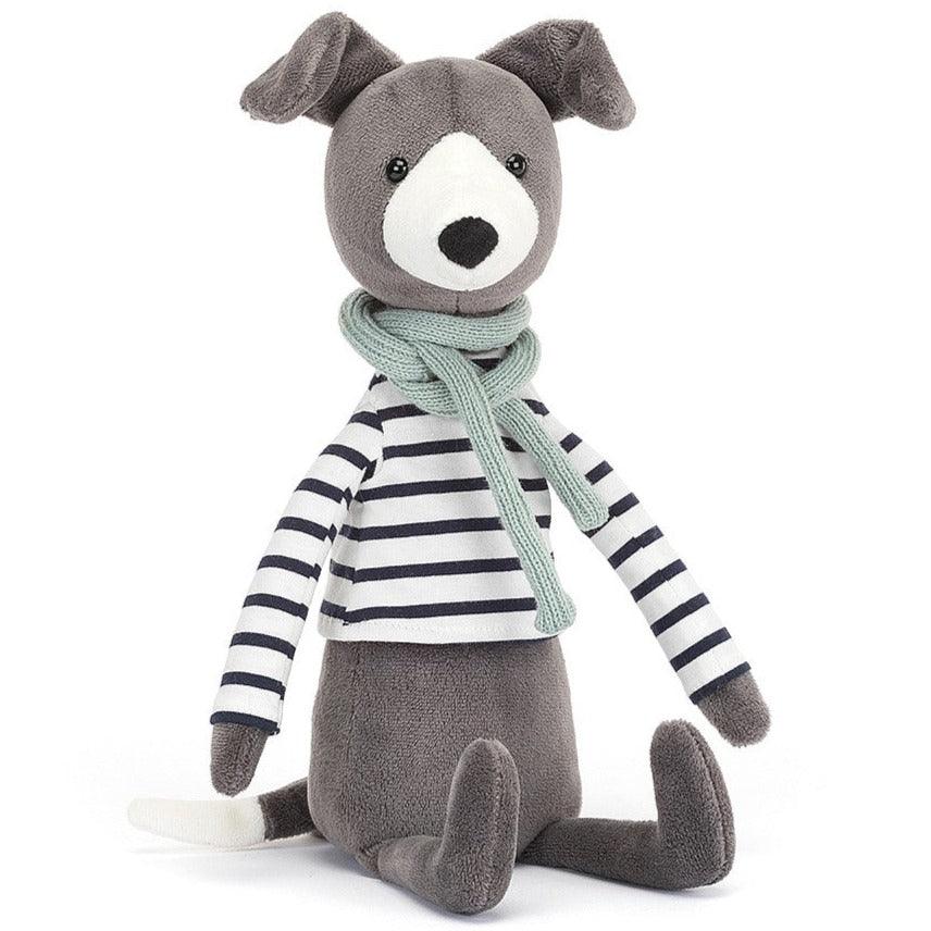 Maskotka piesek jak żywy Jellycat Beatnik Buddy Whippet w sweterku i szaliku, idealny pluszak do przytulania.