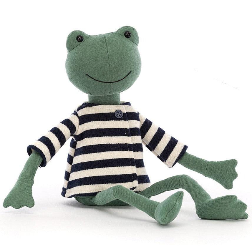 Maskotka żaba Jellycat Francisco Frog w pasiastej koszulce, miła w dotyku, idealna do przytulania i zabawy.