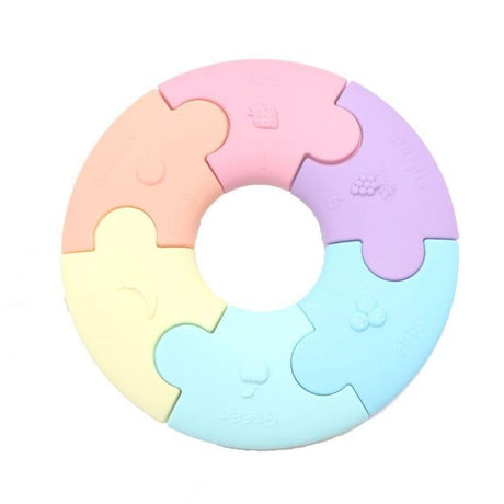 Gryzaki silikonowe Jellystone Designs Pastel Wheel puzzle dla niemowlaka, zabawka złagodzająca ból ząbkowania.