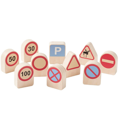 Drewniane znaki drogowe dla dzieci, w tym znaki ostrzegawcze i informacyjne, idealne do zabawy i nauki zasad ruchu drogowego.
