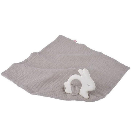 Gryzak dla niemowlaka Kikadu Króliczek z naturalnej gumy z bawełnianą pieluszką, bezpieczny i lekki gryzak dla dzieci.