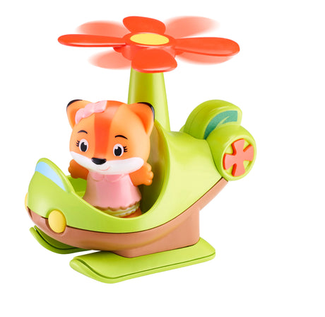 Helikopter zabawka Klorofil z obracającym się czerwonym śmigłem i figurką wiewiórki Rachel dla godzin kreatywnej zabawy.