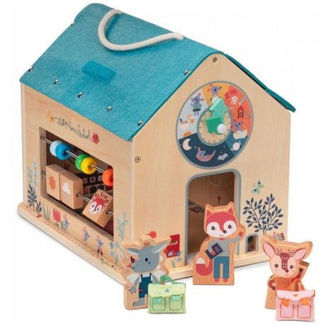 Drewniany domek dla lalek Lilliputiens Szkoła z figurkami i akcesoriami, rozwija kreatywność i edukację dzieci.
