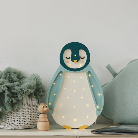 Lampka nocna dla dzieci Little Lights Penguin Teal, drewniana, ręcznie robiona, idealna do dziecięcego pokoju.