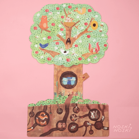 Puzzle edukacyjne dla dzieci Londji Mon Petit Pommier, dwustronna układanka dla 3 latka, pory roku, jabłoń.
