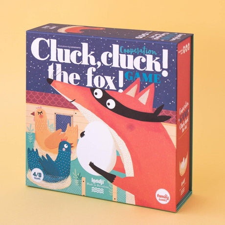 Gra dla dzieci Londji Cluck Cluck the Fox - kooperacyjna zabawa, gdzie rodzina ratuje kurnik przed liskiem.