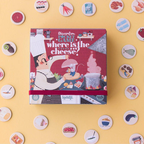 Gra dla dzieci Londji Where is the Cheese? - gra podróżna kieszonkowa z pięknymi ilustracjami i edukacyjną zabawą.