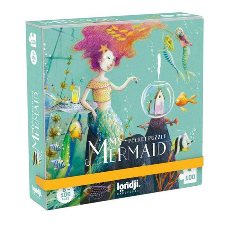 Puzzle Londji My Mermaid Kieszonkowe Syrenka - baśniowa ilustracja z brokatem, idealne puzzle dla dzieci i miłośniczek syrenek.