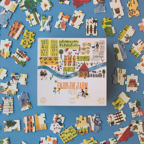Puzzle Londji Enjoy The Farm, edukacyjne 100 elementów, ekologiczne materiały, idealne dla dzieci, ilustracje Marii Dek.